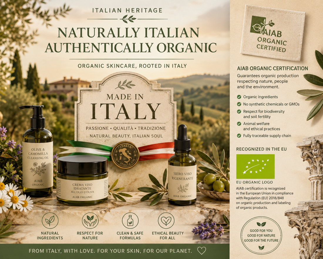 Made in Italy organic skincare infographic with Tuscan landscape, AIAB-certified product line and Italian flag ribbon