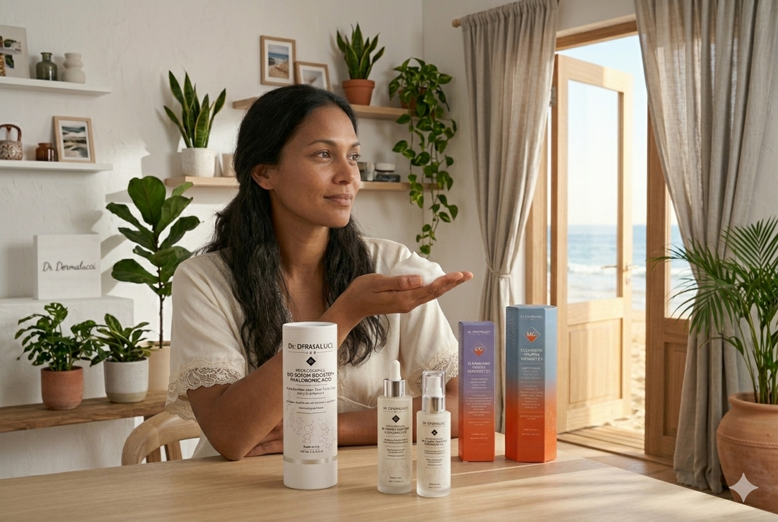 Woman with dark hair in a beige top presenting Dr. Dermalucilab skincare bottles on a wooden table in a sunlit coastal room
