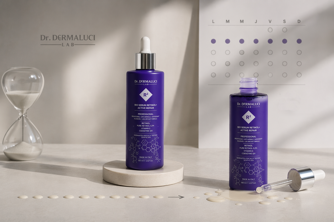 retinol serum with dropper and usage calendar illustrating frequency versus strength in nighttime skincare routine