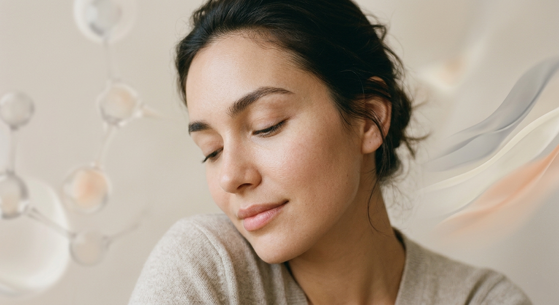 Healthy, hydrated facial skin with a calm appearance and soft glow, symbolizing ectoin skincare benefits for sensitive skin, hydration, and barrier protection with a molecular-inspired background.