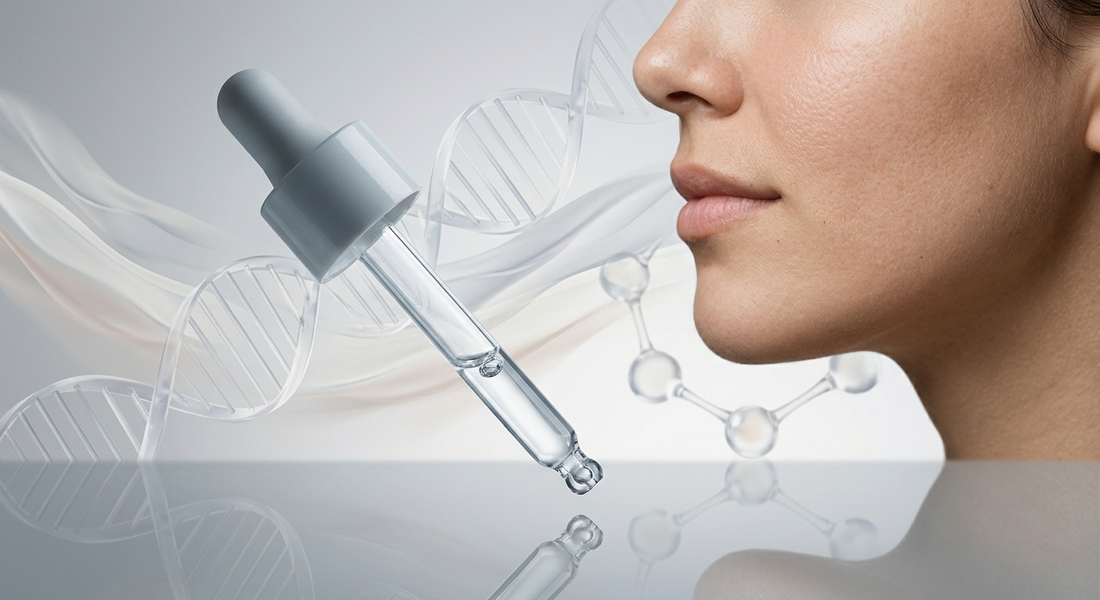 A serum with a dropper alongside an illustration of DNA and facial skin, showing how PDRN is used in skincare to repair, hydrate, and improve skin quality.