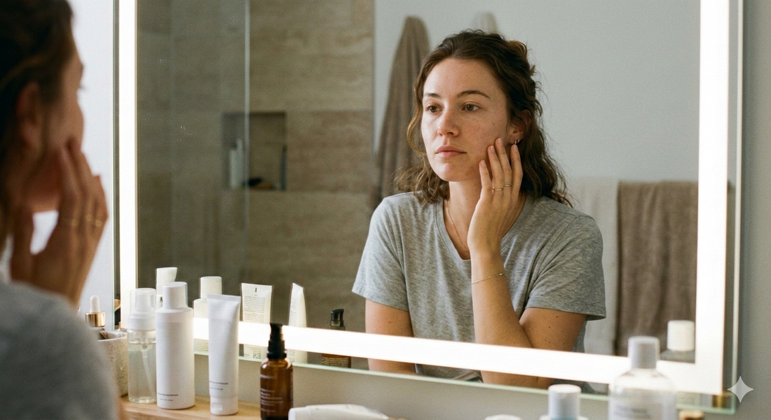 Woman applying skincare cream to face in front of bathroom mirror, illustrating a daily skincare routine