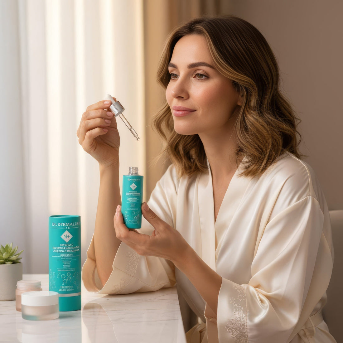 woman applying niacinamide antioxidant serum skincare routine