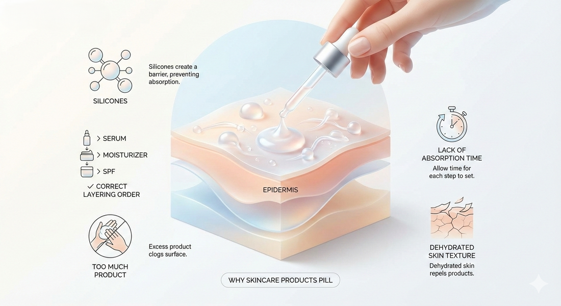 Skincare pilling illustration showing product layering, silicones, absorption time and dehydrated skin texture