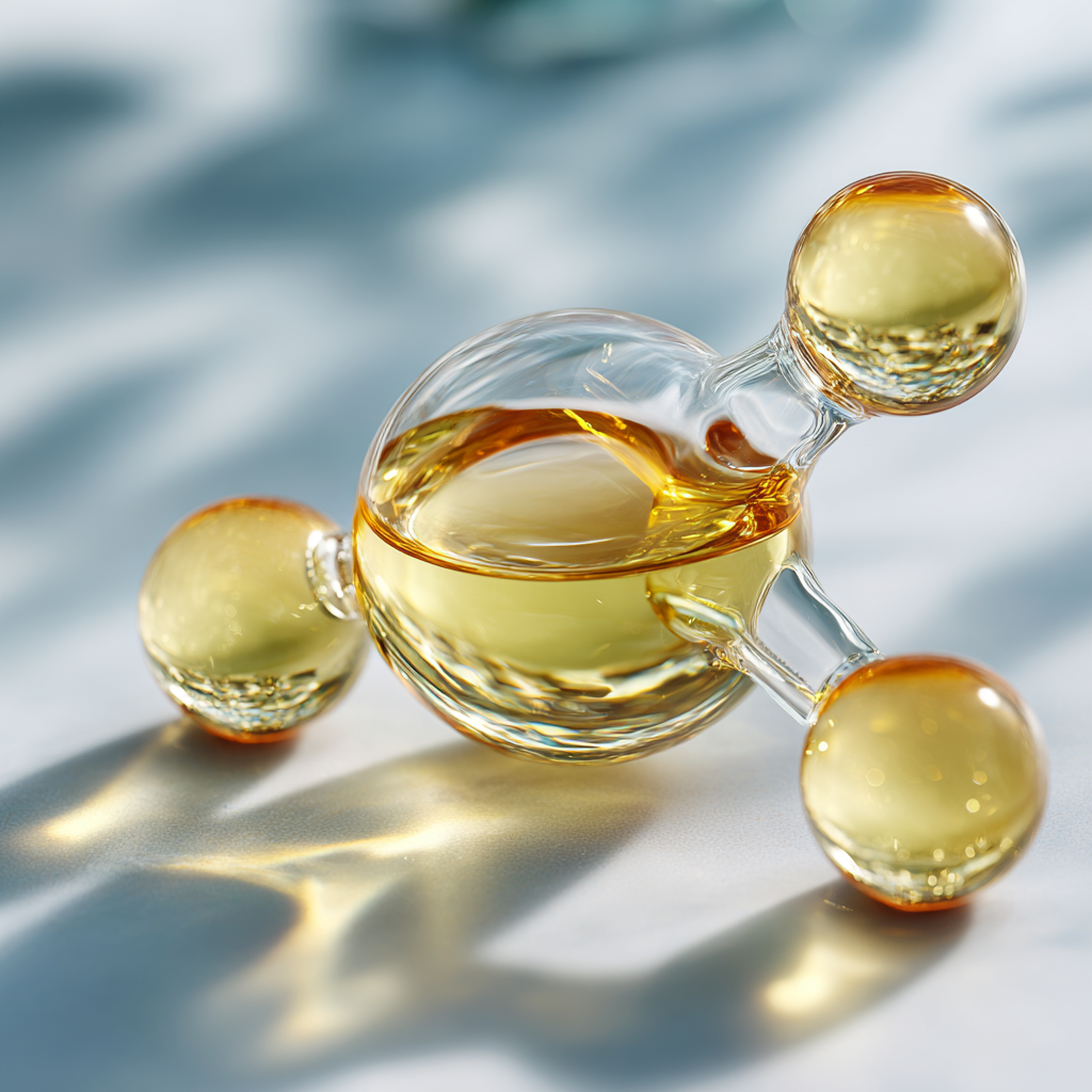 Three glass capsules of golden serum arranged in a molecular-style 3D structure on a cool blue background