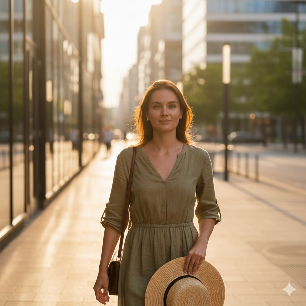 Woman wearing a hat in a hot city environment illustrating heat stressed skin and thermal aging effects