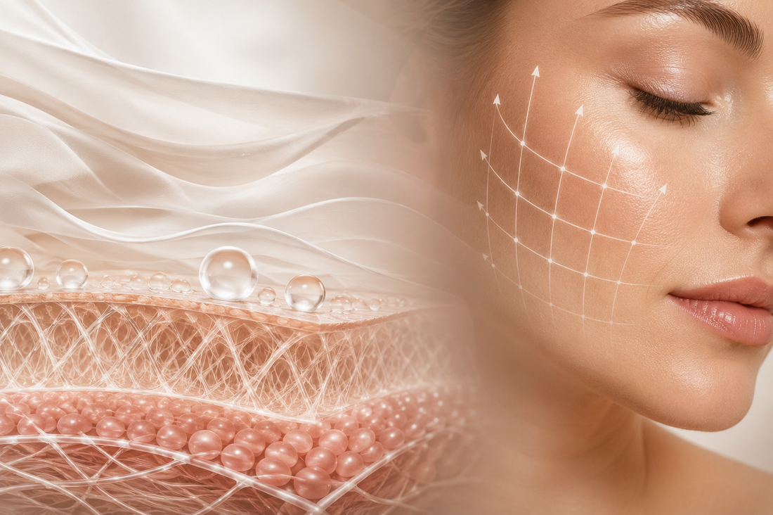 Illustration of skin elasticity showing collagen and elastin fibers beneath healthy skin with a lifting effect on the face.