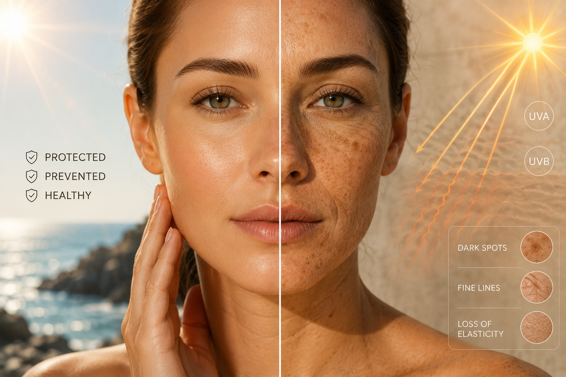 Comparison of healthy sun-protected skin and UV-damaged skin illustrating the long-term effects of sun exposure, pigmentation and loss of elasticity