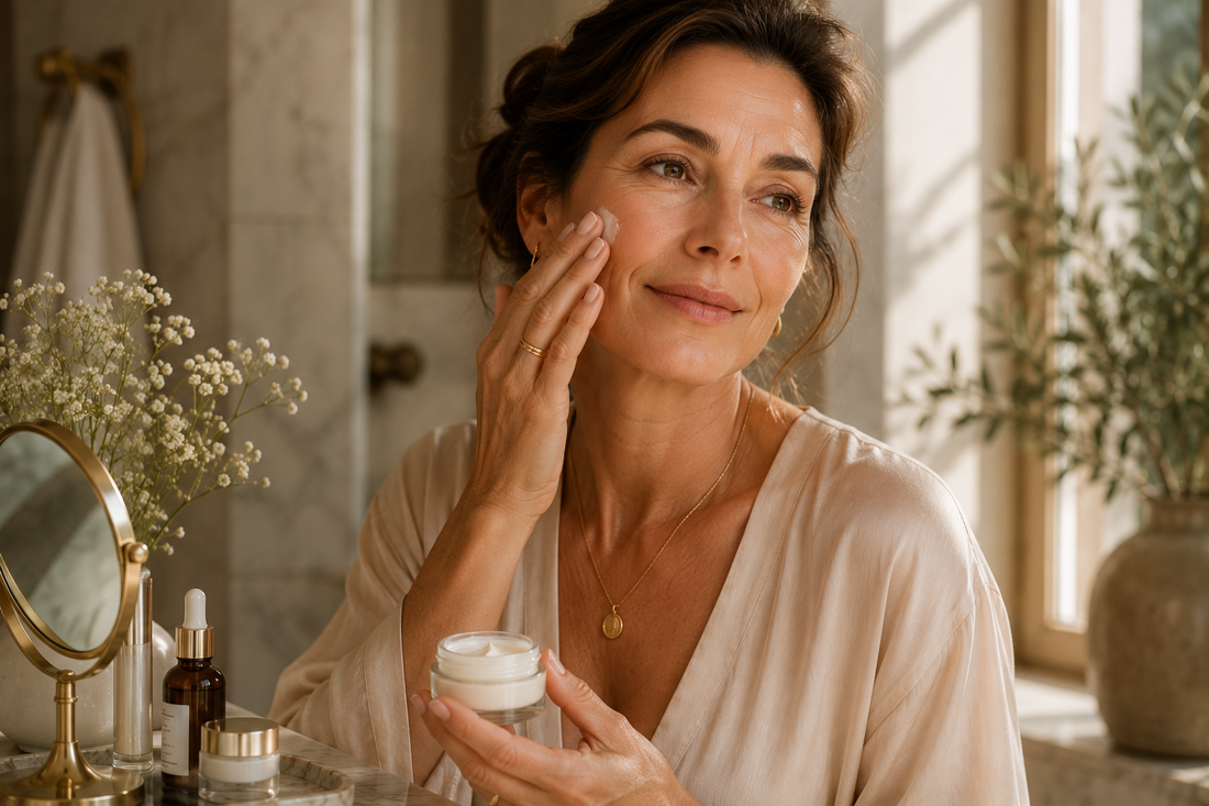 Woman in her late forties applying a nourishing face cream during a hydrating skincare routine for perimenopausal skin.