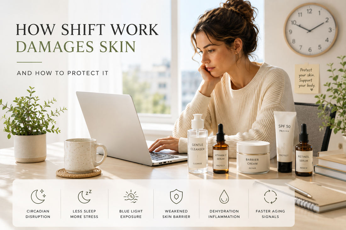Woman working late at night with skincare products beside a laptop, illustrating the effects of shift work on skin health.