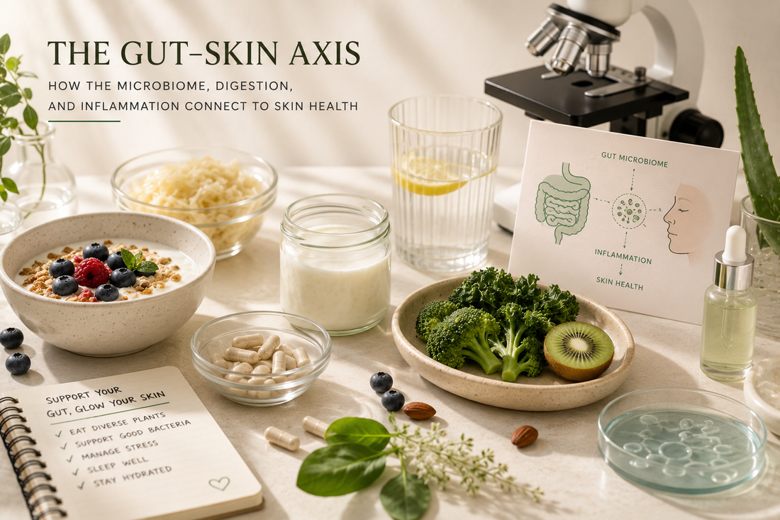 Healthy probiotic foods, skincare serum and scientific illustration explaining the connection between the gut microbiome and skin health.