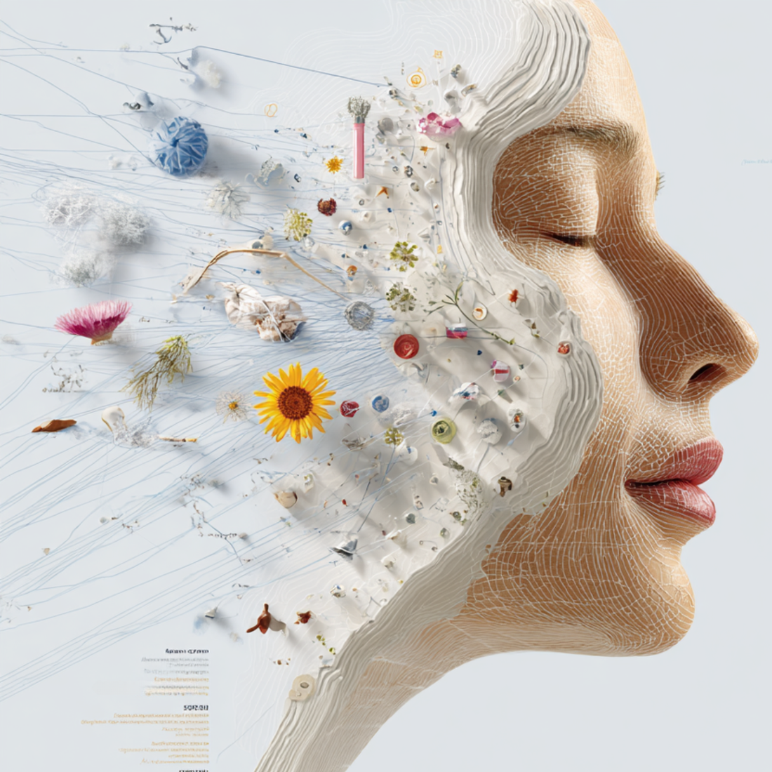 Illustration showing exposome factors affecting skin aging including pollution, UV exposure, stress, blue light, climate, and lifestyle influences over time
