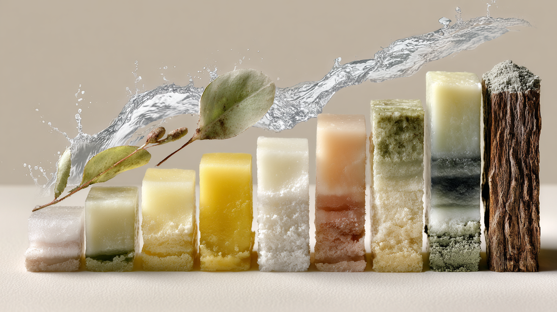 Layered natural skincare ingredients with water splash and botanical leaves on neutral background