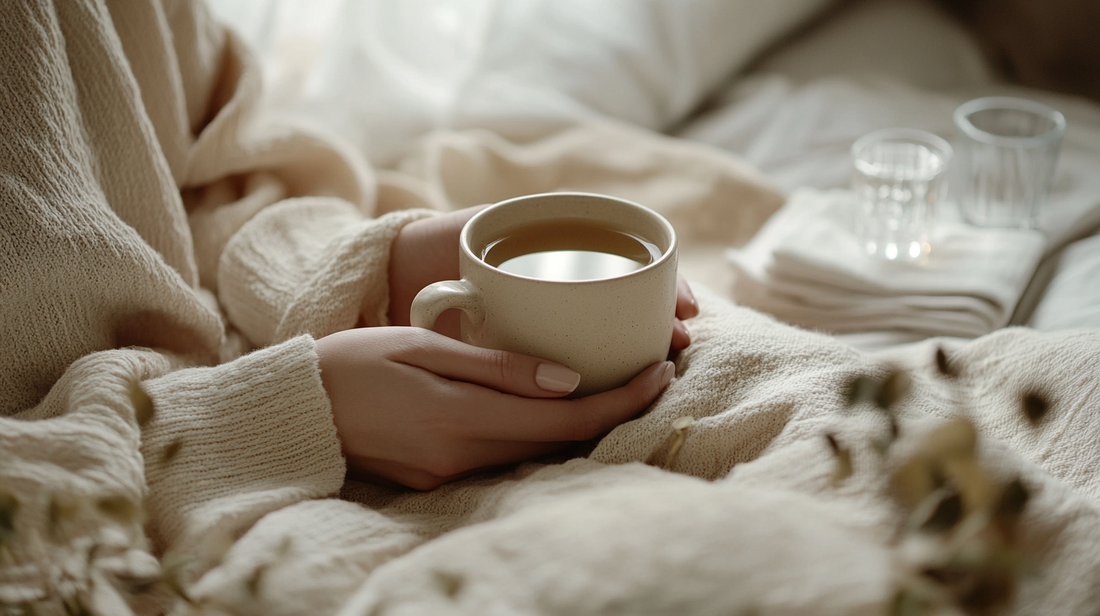 Close-up of a woman's hands cradling a warm ceramic mug of herbal tea, wrapped in an oatmeal linen blanket on a low bed, folded cotton cloth and a small glass of water nearby