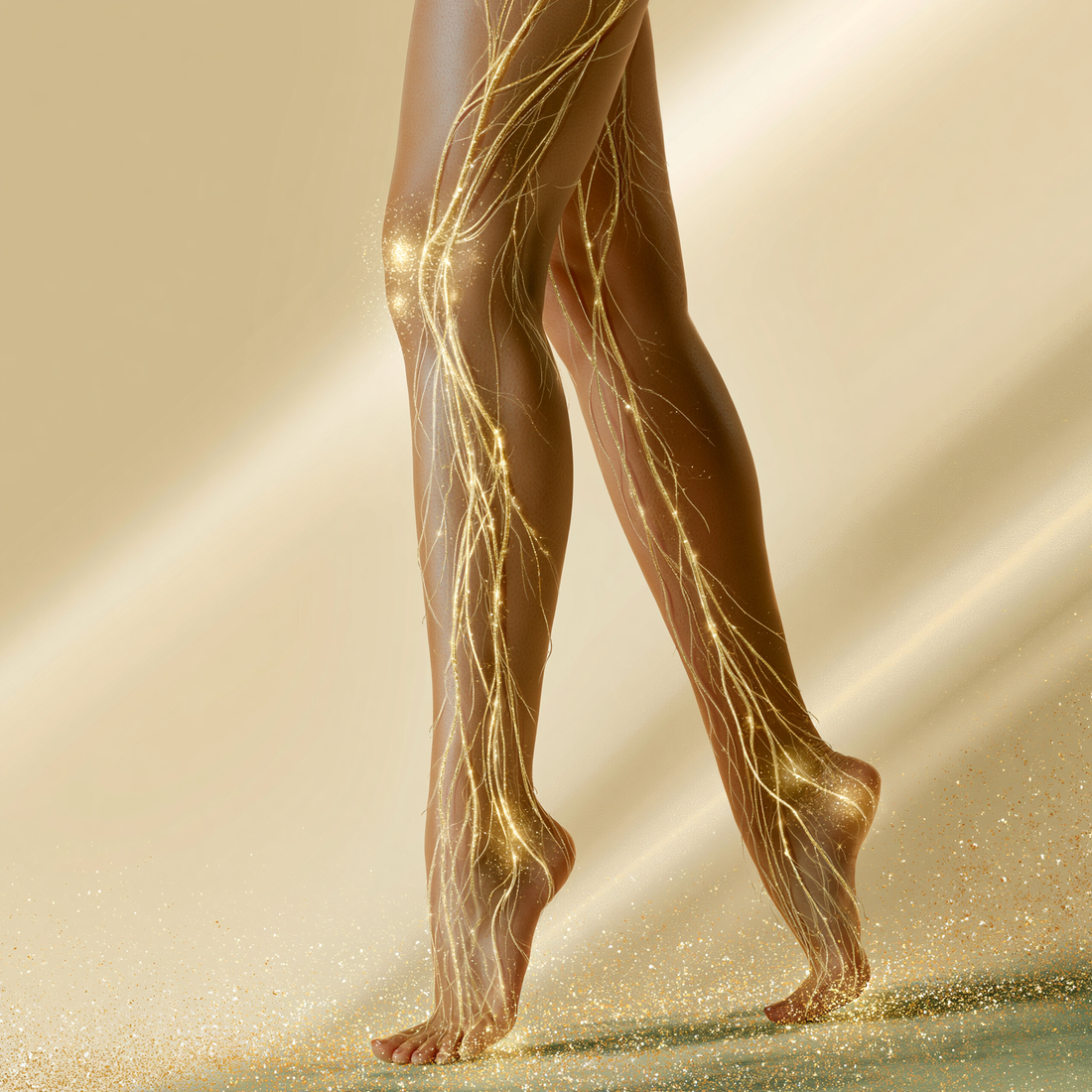 anatomical illustration of female legs, golden silhouette of glowing particles against warm cream background, lymphatic vessels visualised as fine luminous golden lines