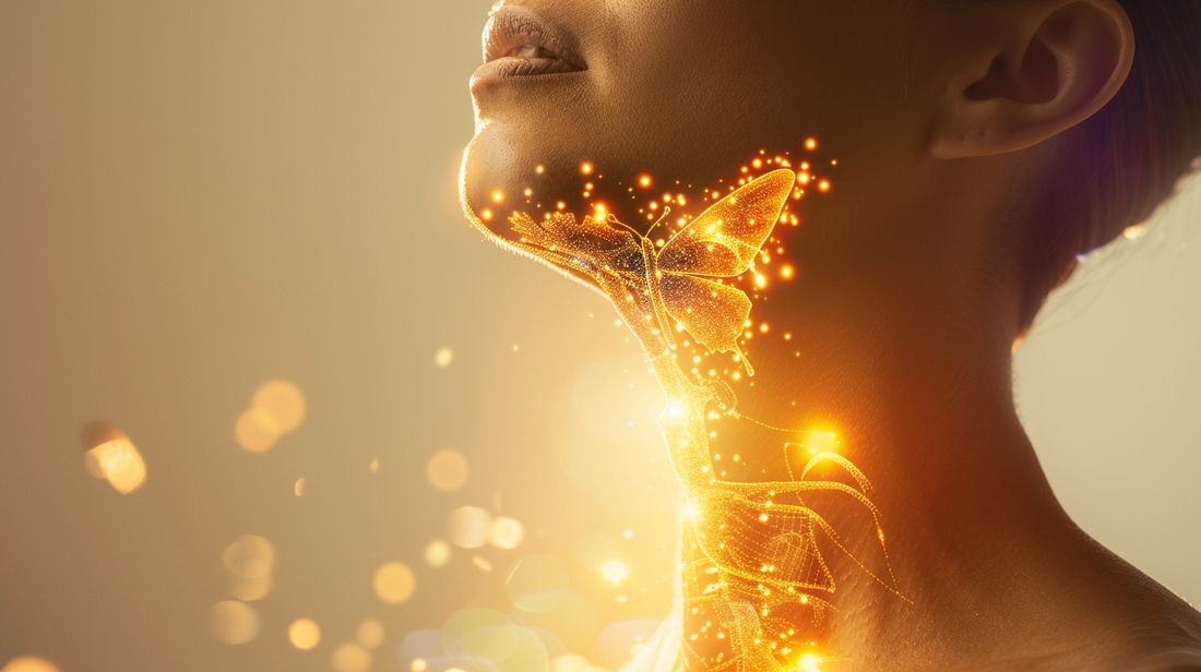golden silhouette of a female from chest to head the thyroid gland visualised as a delicate luminous butterfly glowing