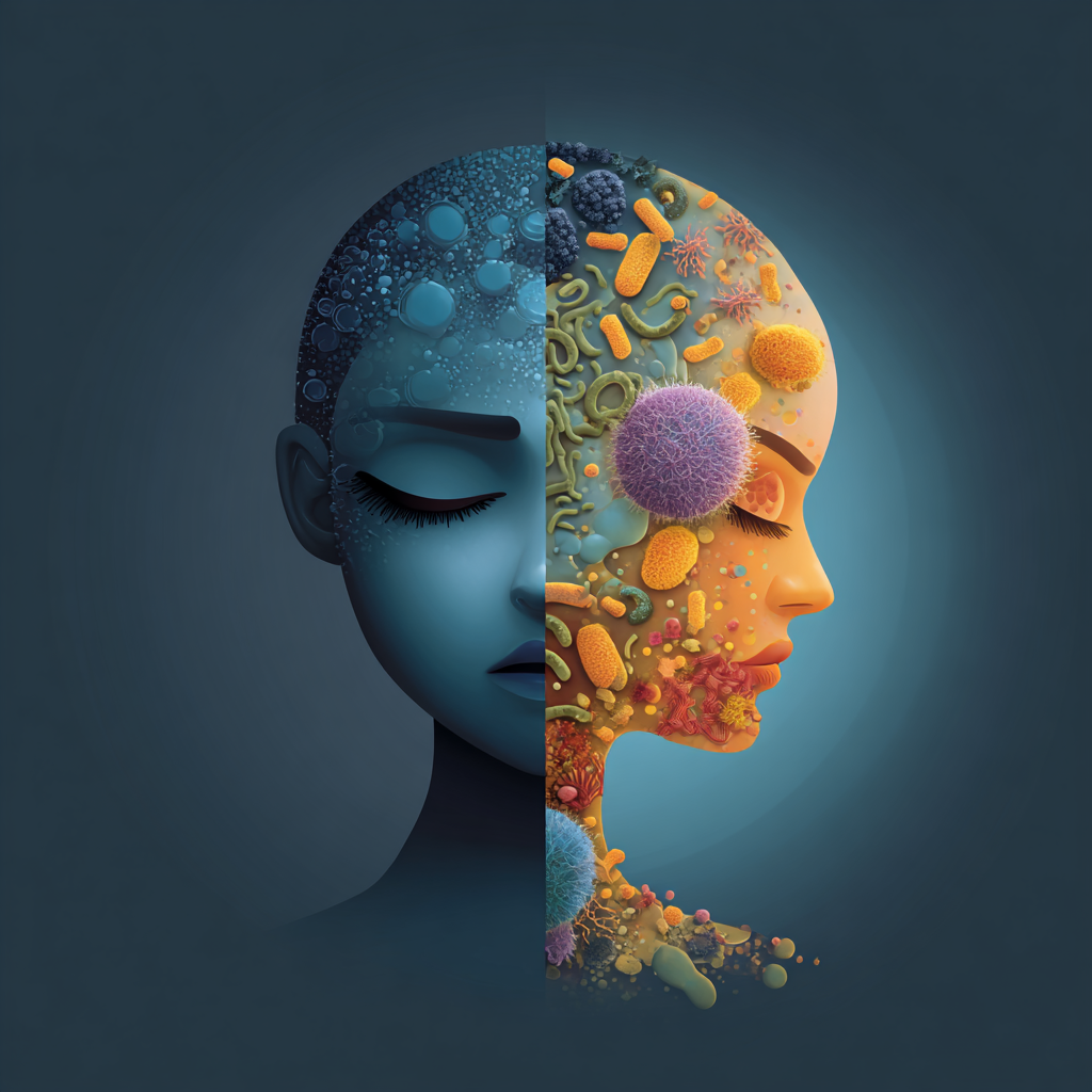 Healthy vs disrupted skin microbiome illustration showing balanced skin and bacteria imbalance causing inflammation