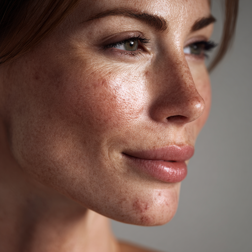 Woman with mild acne scars showing natural skin texture and gradual skin healing