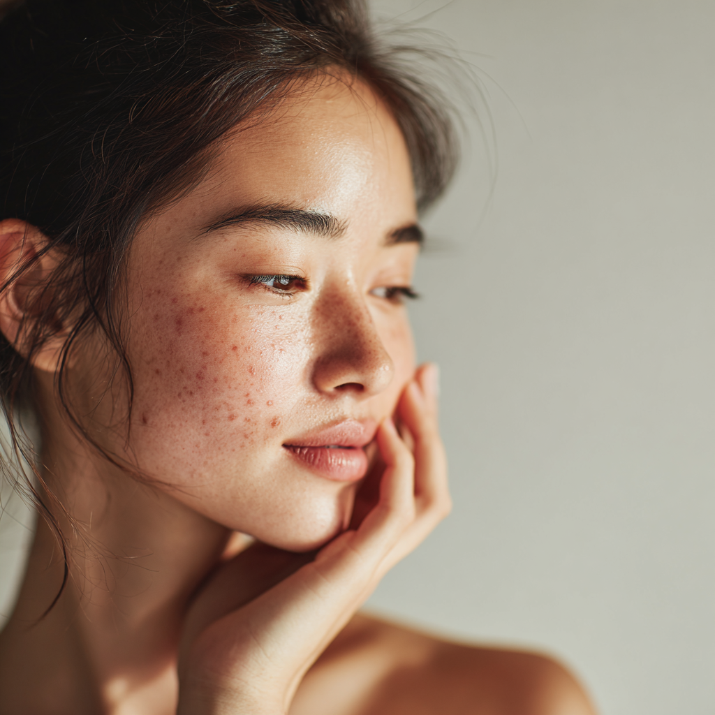 Woman with mild acne illustrating natural acne treatment and gentle skincare approach