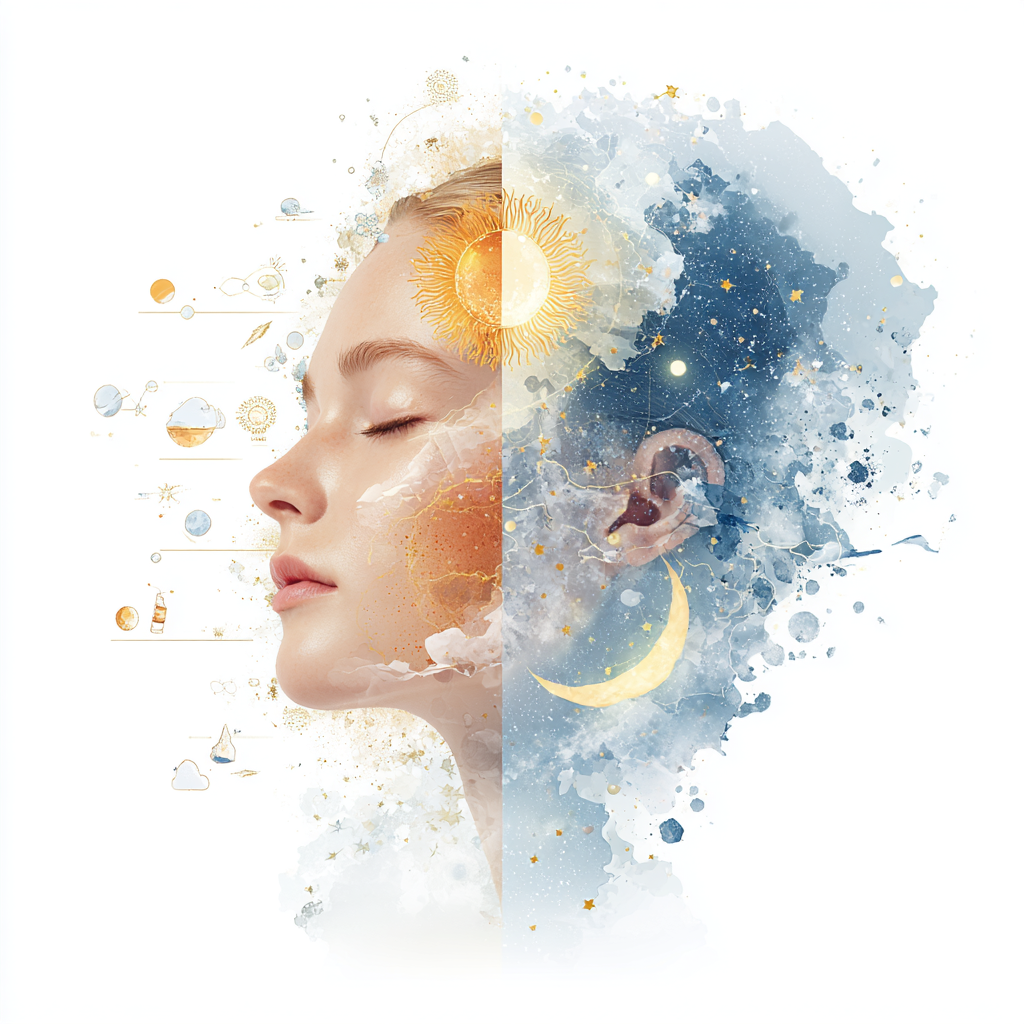 Illustration showing circadian skincare with day and night skin cycles including protection during daytime and repair during nighttime