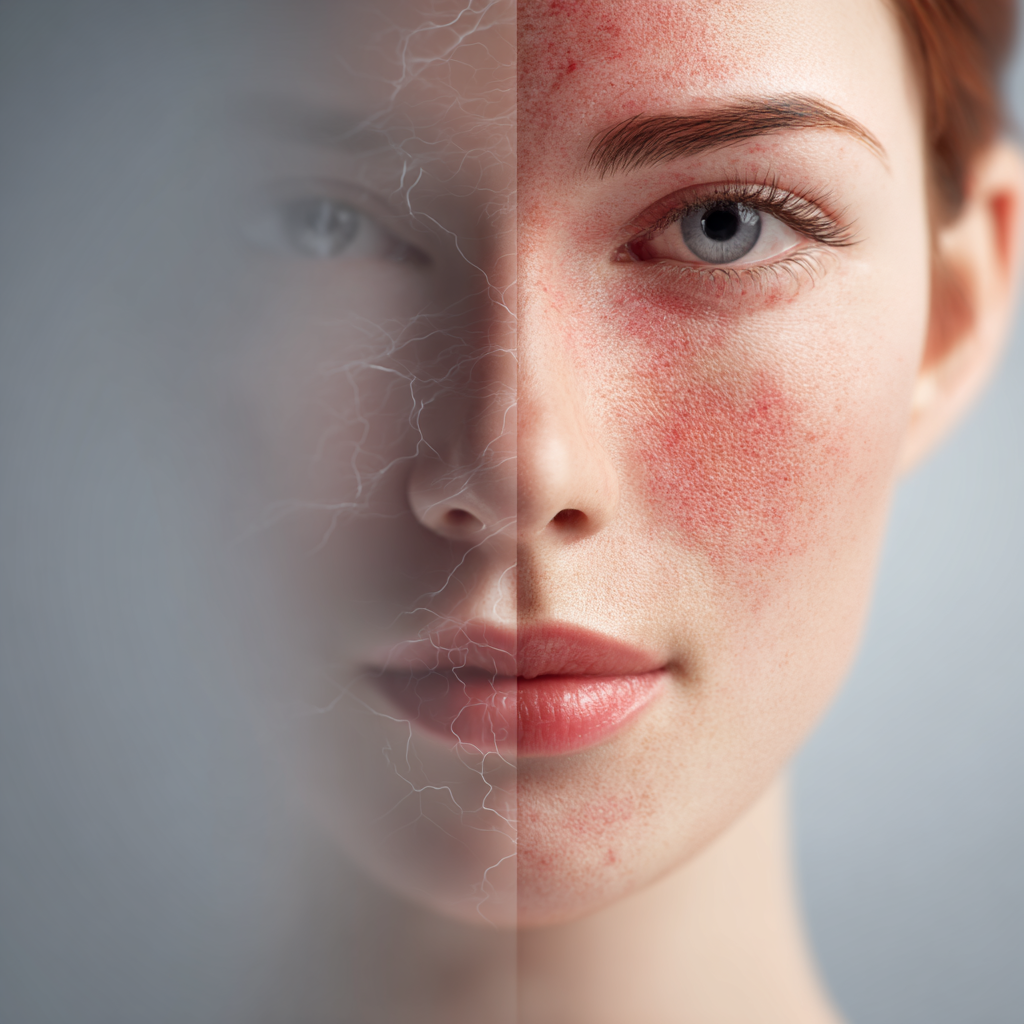 women face showing Inflamed skin vs sensitive skin comparison illustration showing redness inflammation and reactive skin
