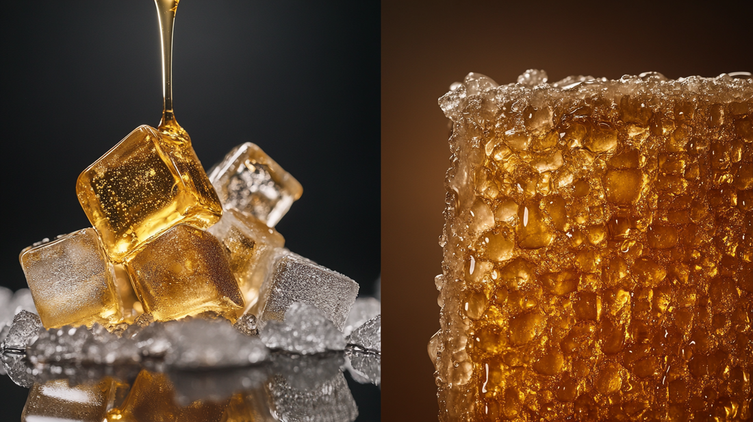 Split composition: left side crystal clear sugar cubes and honey dripping, right side close-up of aged dull skin with fine lines