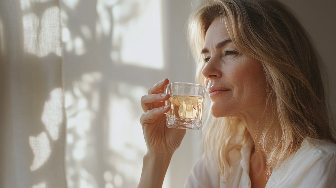 Woman in her 40s with radiant glowing skin holding a glass of collagen supplement drink,