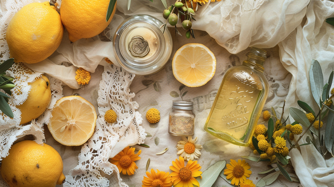 Whole and sliced lemons with mimosa flowers, dried botanicals and a glass apothecary jar on cream lace