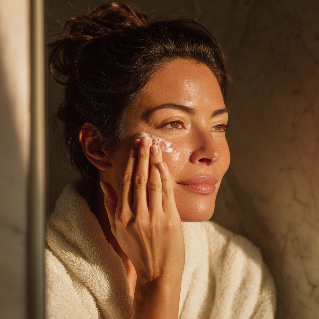 woman applying sunscreen after vitamin c serum skincare routine