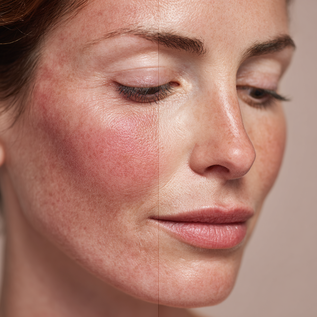 Sensitive skin with visible redness and irritation contrasted with calm, balanced skin after barrier support and hydration