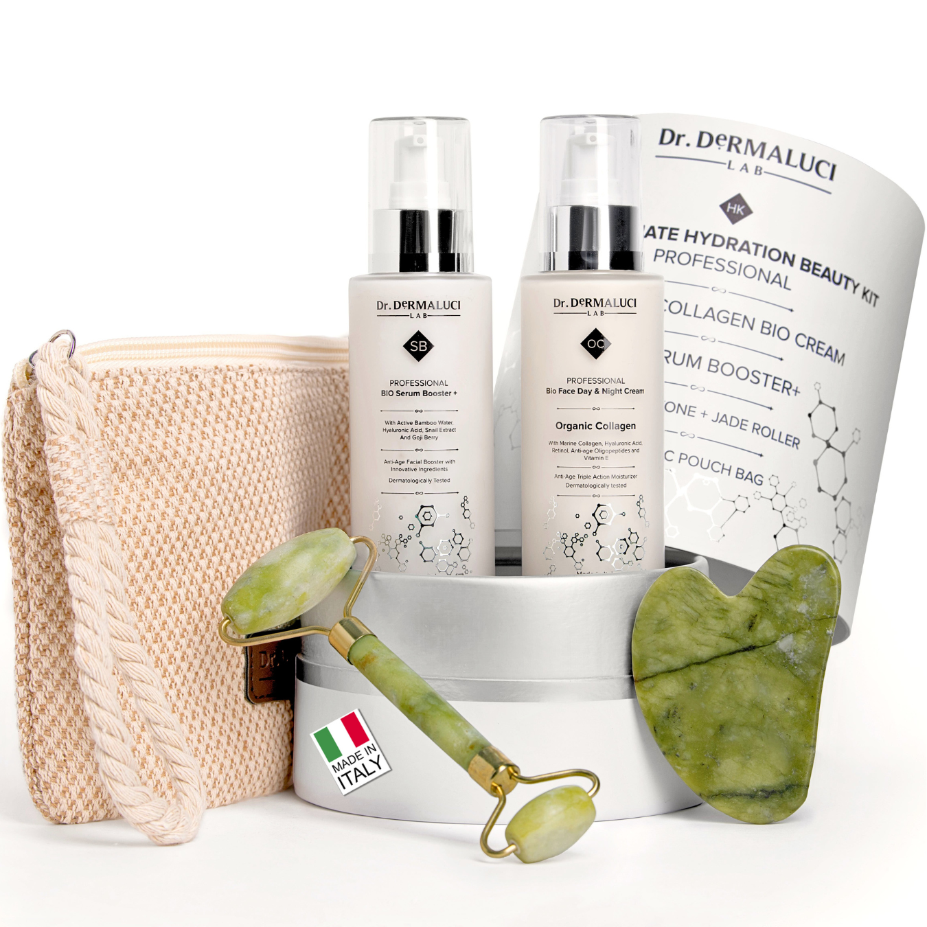 Cofanetto regalo bellezza idratazione intensiva di Dr. Dermaluci Lab, con Gua Sha e Jade Roller, prodotti certificati organici e made in Italy.