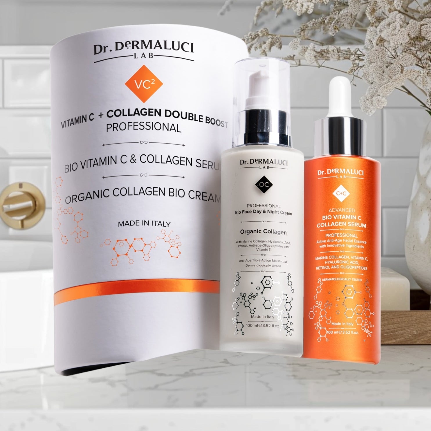 Crema Collagene Bio e Siero Vitamina C nel Double Boost Kit di Dr. Dermaluci Lab, per rivitalizzazione della pelle e riduzione delle rughe.