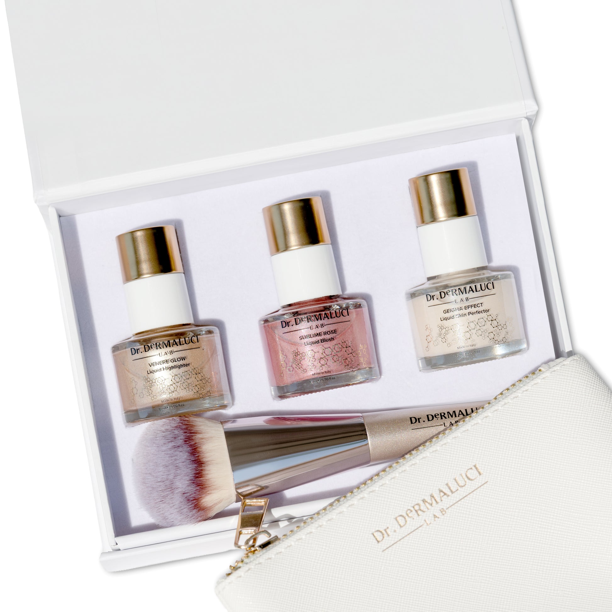 Set of Dr. Dermaluci nail polish bottles with a brush and pouch in a box