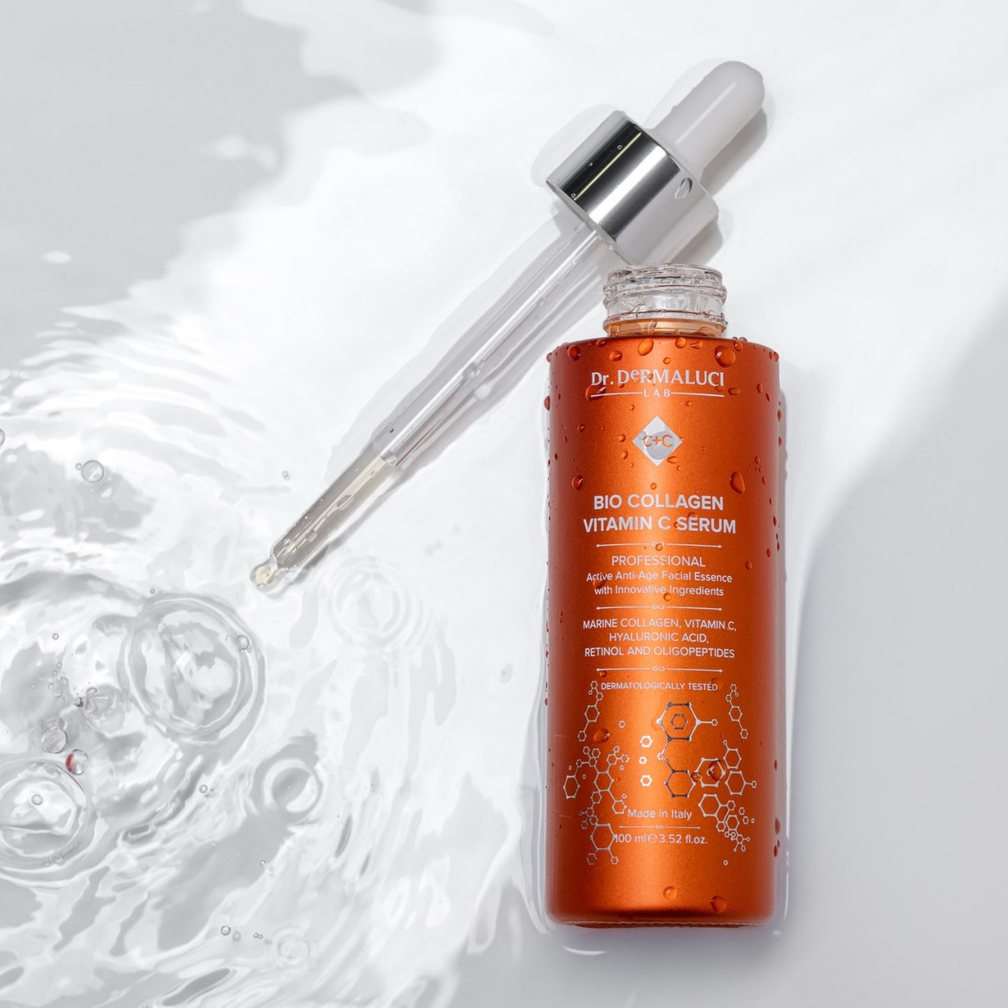 Dr. Dermaluci Lab's potent serum, combining Vitamin C and Marine Collagen, offering anti-aging, hydration, and brightening benefits for radiant skin.