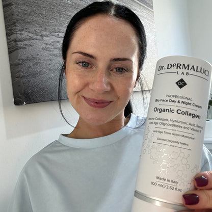Crema potente giorno e notte con collagene marino, retinolo e acido ialuronico organico per idratazione e riduzione delle rughe.