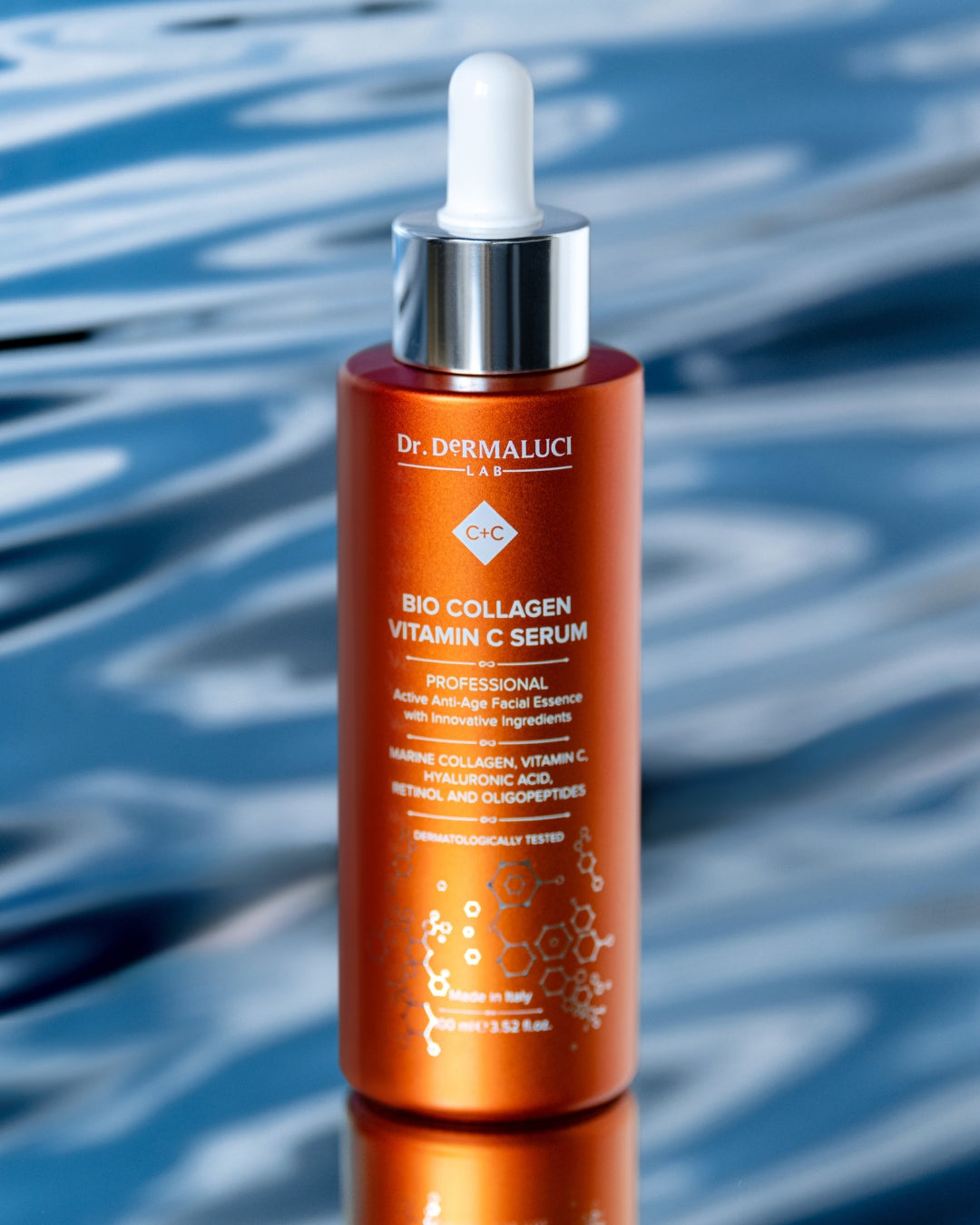 Dr. Dermaluci Lab's eco-friendly organic Vitamin C and Marine Collagen Serum, packaged in biodegradable materials, ensuring sustainability and skincare quality.