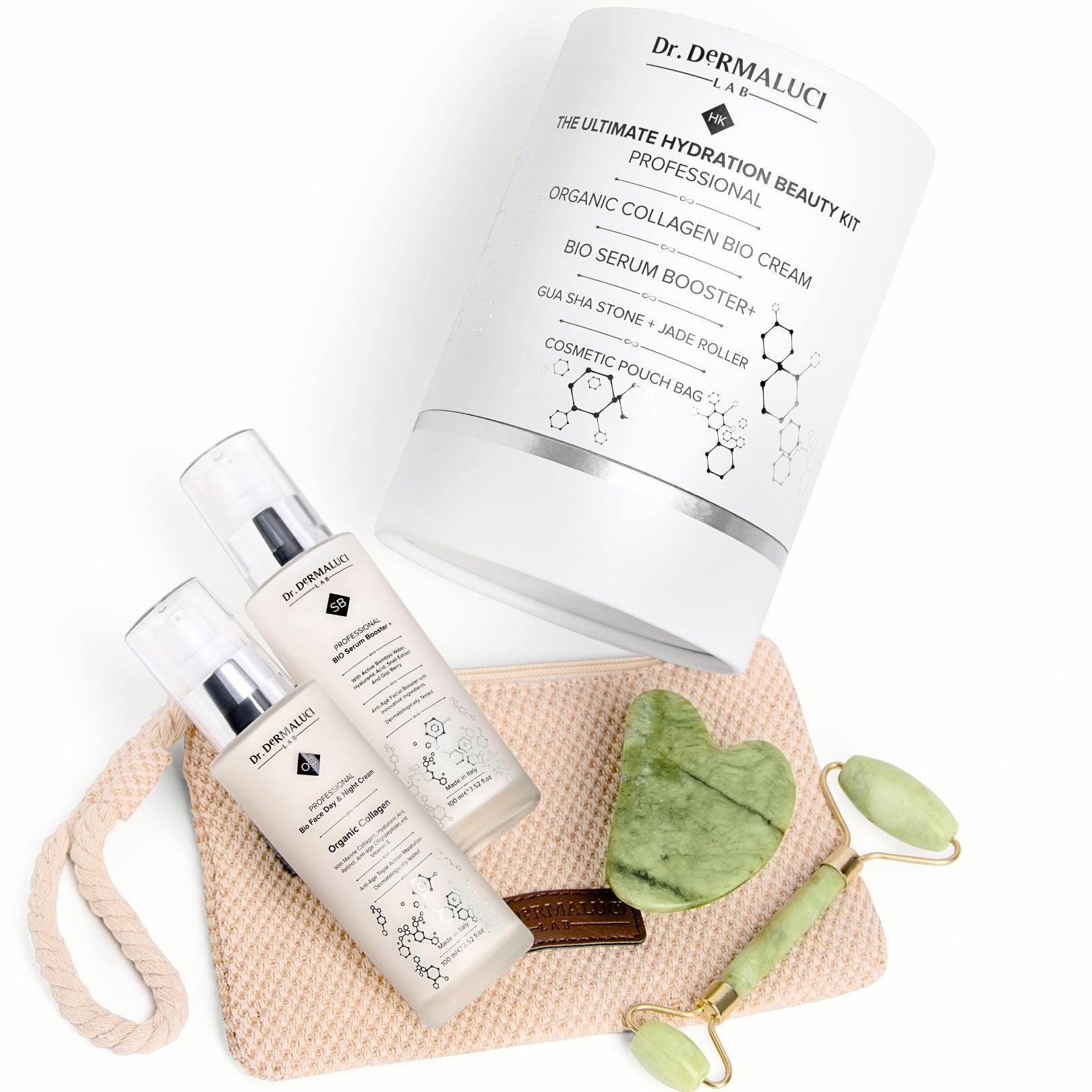 Excellence and ecological commitment by Dr. Dermaluci Lab in the Ultimate Hydration Beauty Kit, including Gua Sha and Jade Roller for optimal skincare.