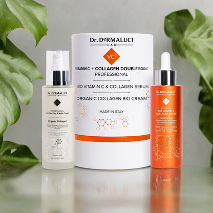 Kit Double Boost Collagene e Vitamina C di Dr. Dermaluci Lab, per idratazione intensa e azione anti-invecchiamento, ideale per una pelle luminosa e tonica.