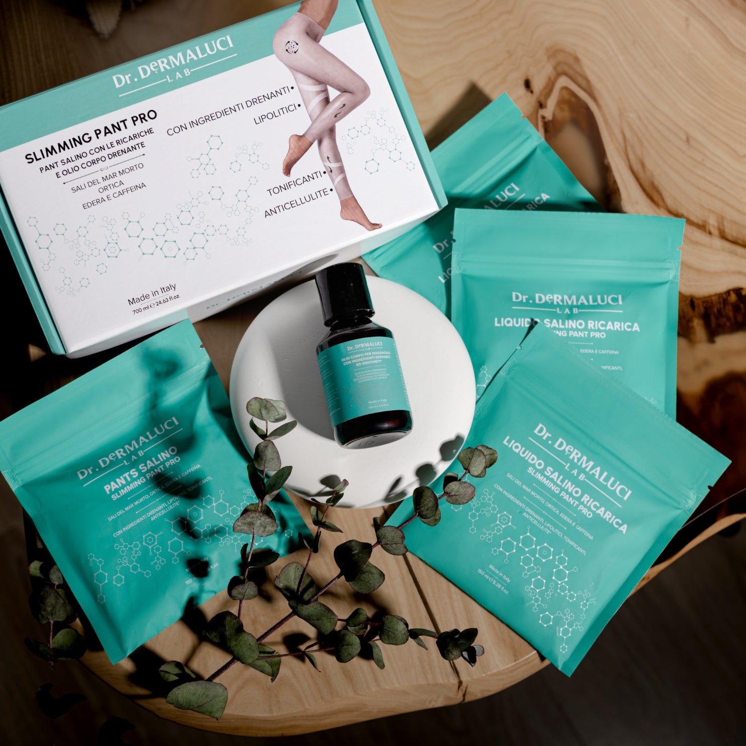 All-in-1 Slimming Pant Pro by Dr. Dermaluci Lab, a draining anti-cellulite saline kit with natural ingredients for targeted cellulite treatment.