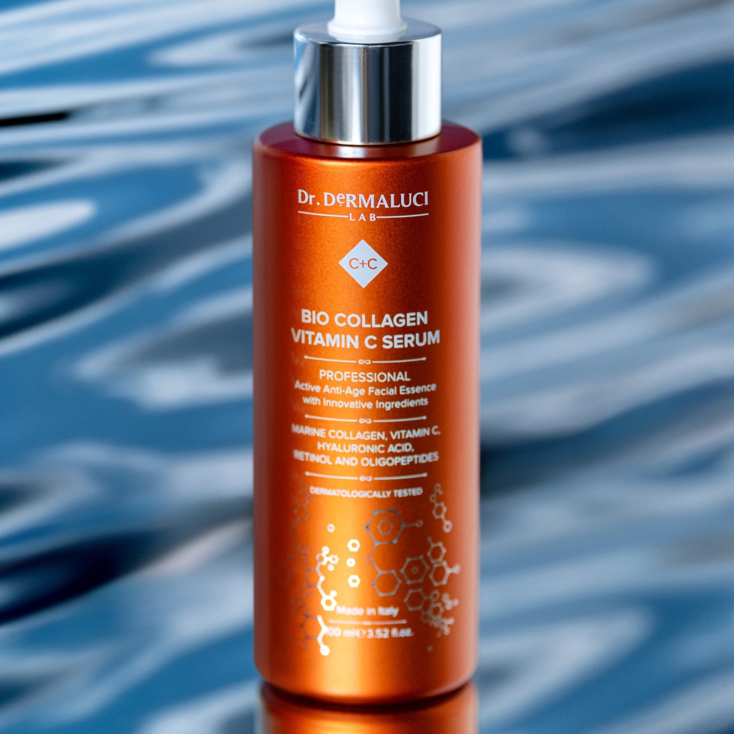 Dr. Dermaluci Lab's Marine Collagen and Vitamin C Serum, designed to provide deep hydration and improve skin elasticity, leaving it firm and smooth.