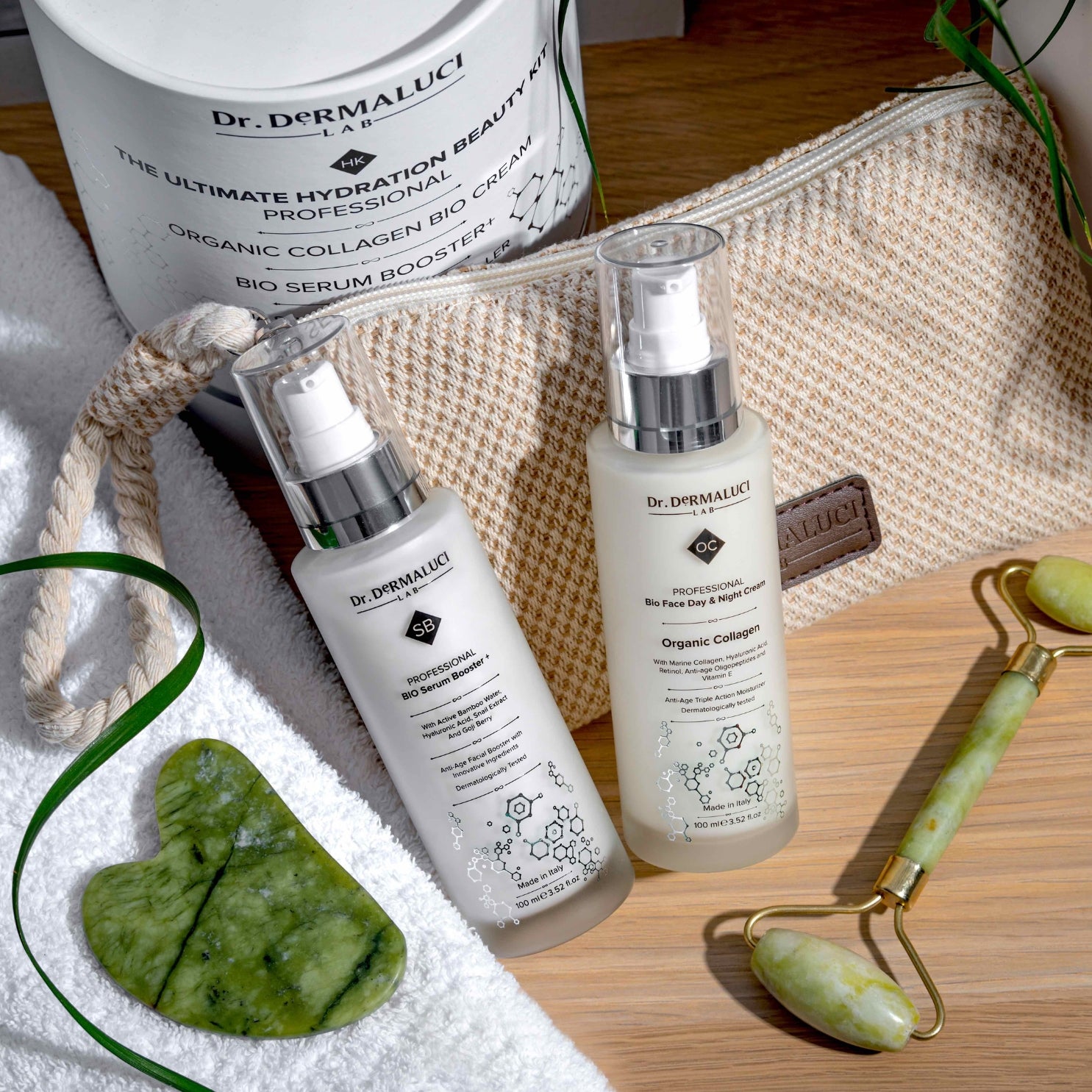 New organic gift set by Dr. Dermaluci Lab, featuring Jade Gua Sha, Facial Roller, and Intensive Hydration Duo for complete skincare.