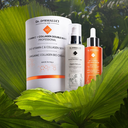 Organic Collagen Cream and Bio Vitamin C Serum in the Double Boost Kit by Dr. Dermaluci Lab, targeting skin rejuvenation and anti-aging benefits.