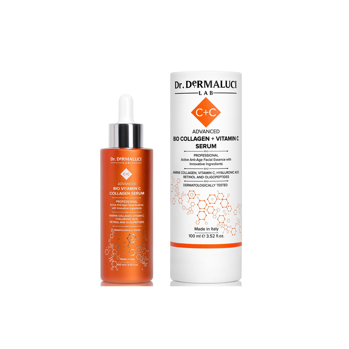 Dr. Dermaluci Lab&#39;s Vitamin C and Marine Collagen Serum combines organic excellence and eco-commitment, packaged in recyclable glass and biodegradable materials.