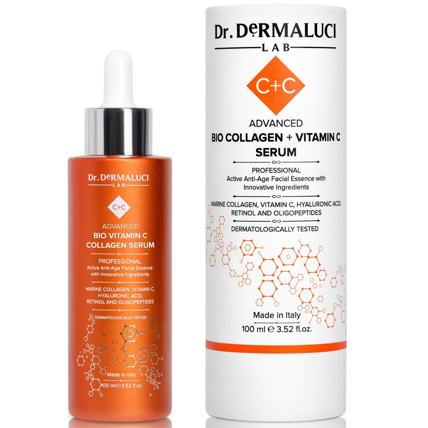 Dr. Dermaluci Lab's Vitamin C and Marine Collagen Serum combines organic excellence and eco-commitment, packaged in recyclable glass and biodegradable materials.