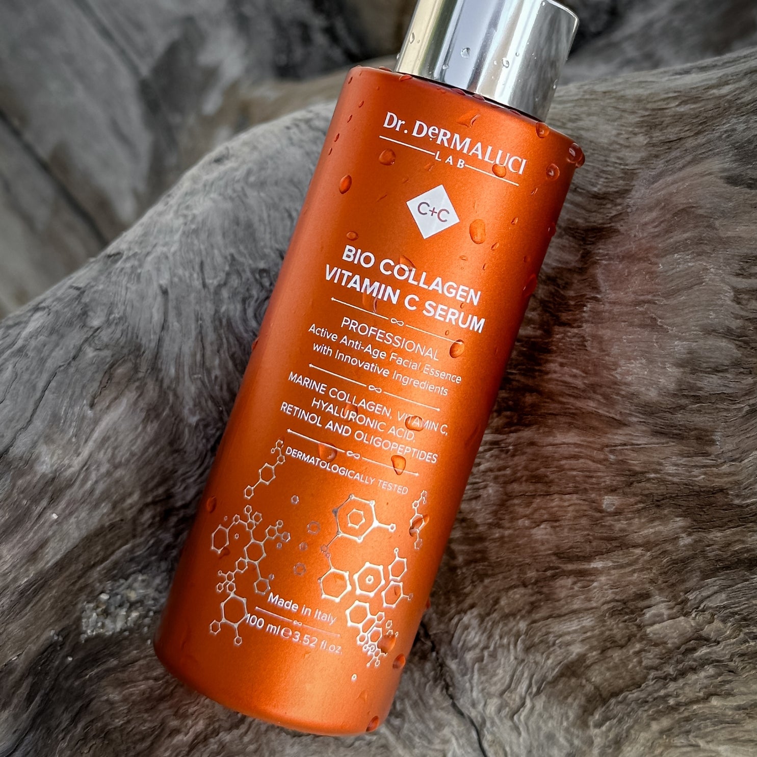 Stable and effective Vitamin C serum by Dr. Dermaluci Lab, featuring Sodium Ascorbyl Phosphate and Marine Collagen for anti-aging and brightening effects.