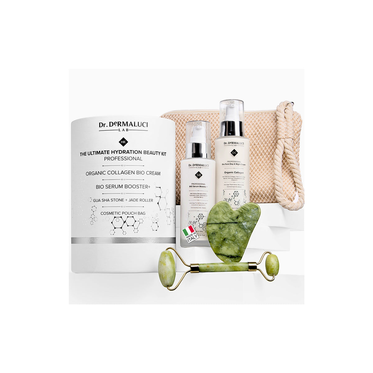 The Ultimate Hydration Beauty Kit by Dr. Dermaluci Lab, featuring Gua Sha and Jade Roller, certified organic skincare products made in Italy.