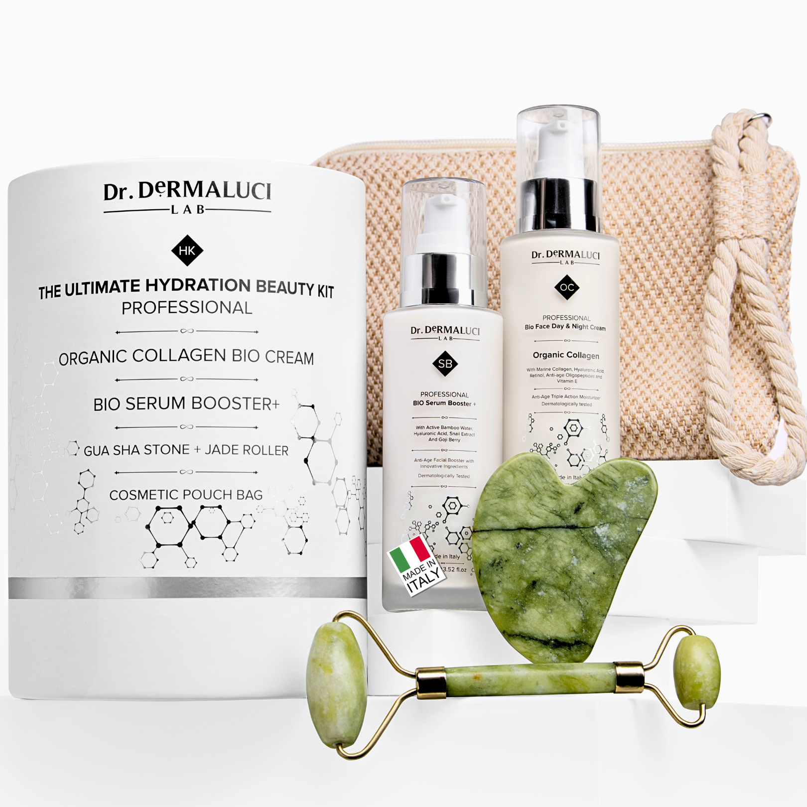 The Ultimate Hydration Beauty Kit by Dr. Dermaluci Lab, featuring Gua Sha and Jade Roller, certified organic skincare products made in Italy.