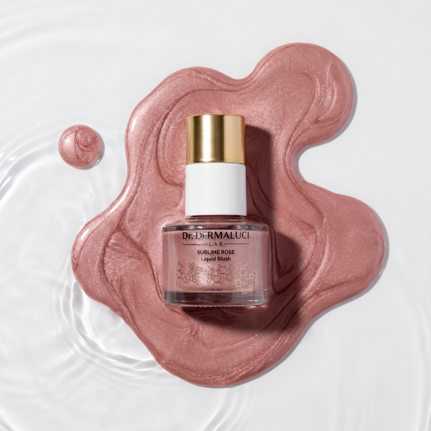 Dr. DermaLuci Sublime Rose Liquid Blush bottle on a pink swatch with a white background