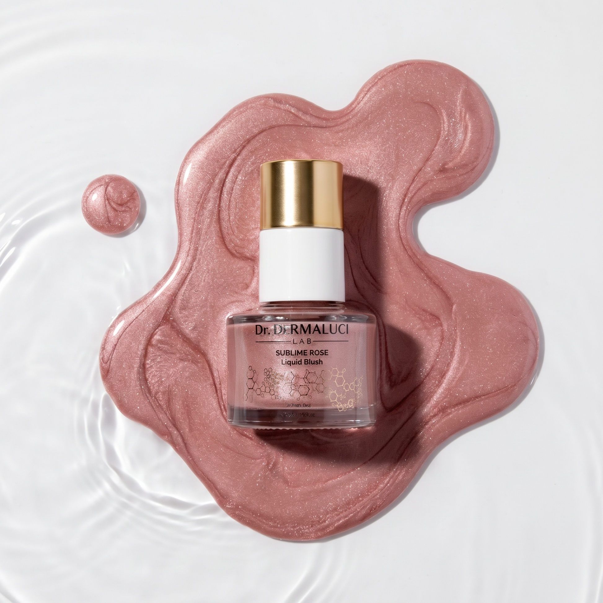 Dr. DermaLuci Sublime Rose Liquid Blush bottle on a pink swatch with a white background