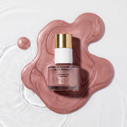 Dr. DermaLuci Sublime Rose Liquid Blush bottle on a pink swatch with a white background